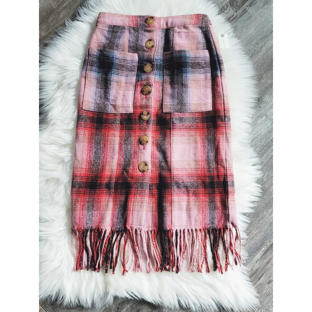 Anthropologie Pink Fringed Plaid Mini Skirt - New - Size 6 - Picture 4 of 9